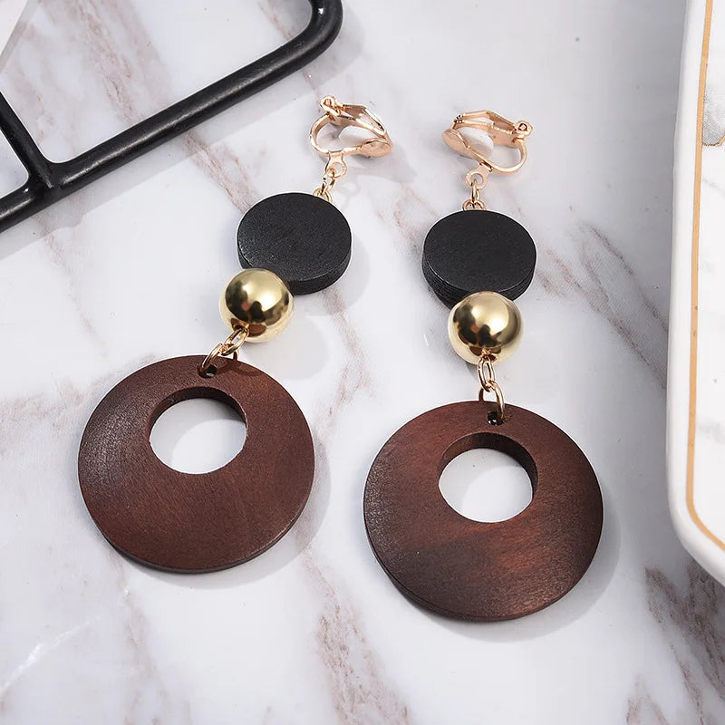 Natural Wood Clip-on Earrings for Women – Fashion Statement Geometric Korean Jewelry for Non-Pierced Ears