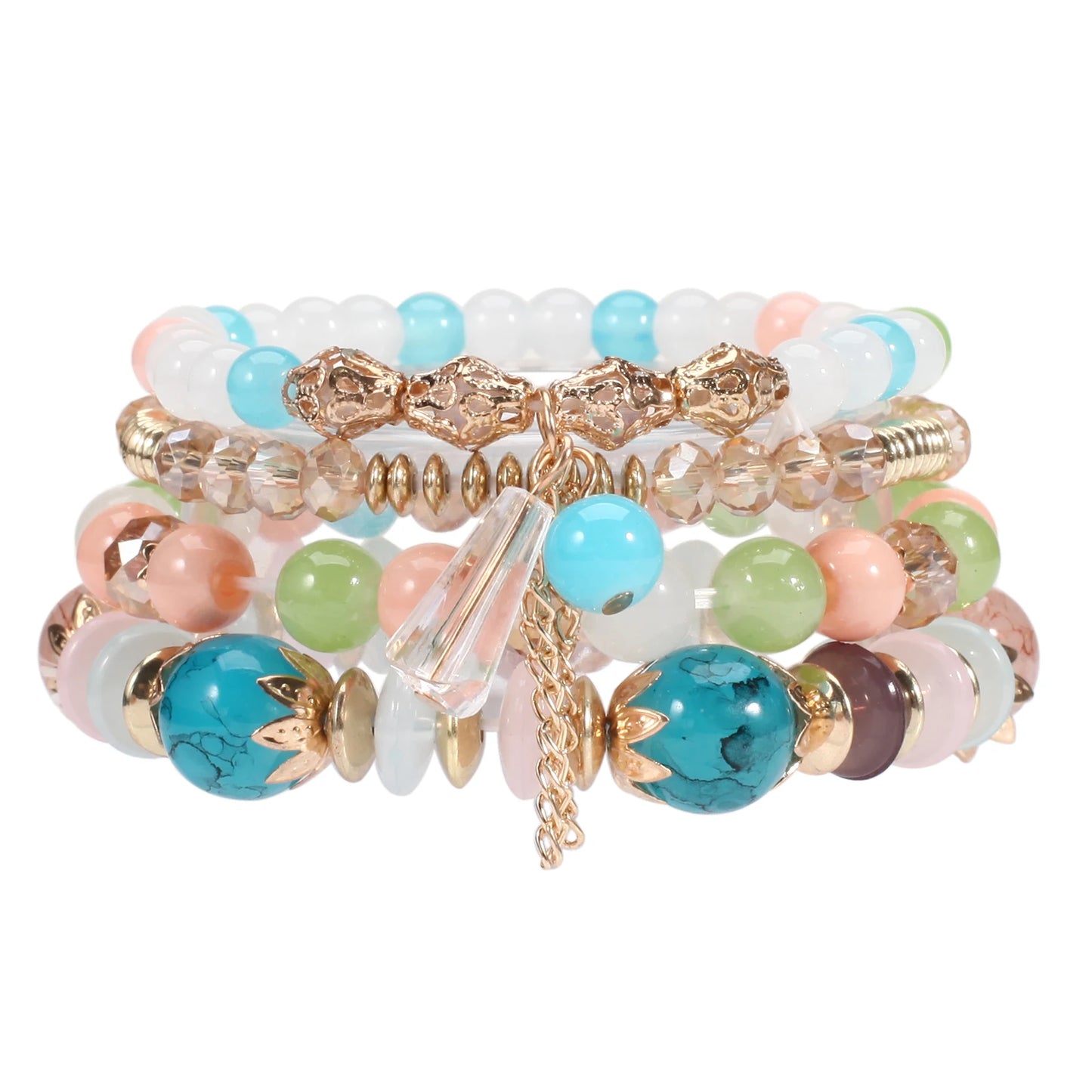 Bohemian Stackable Bead Bracelets – Multilayered Stretch Bangle Set with Charm Pendants