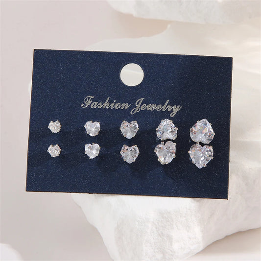 5-Pair Heart Crystal Stud Earrings Set – Shiny Wedding Jewelry