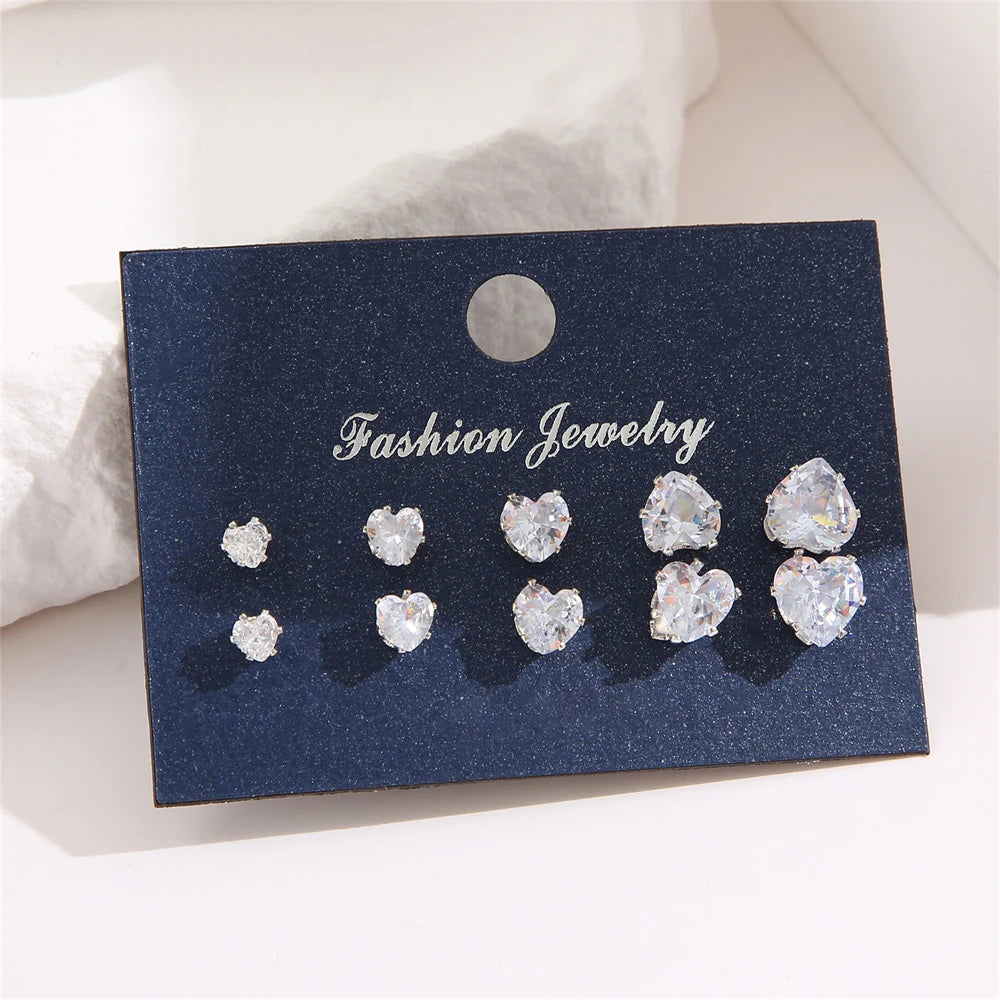 5-Pair Heart Crystal Stud Earrings Set – Shiny Wedding Jewelry