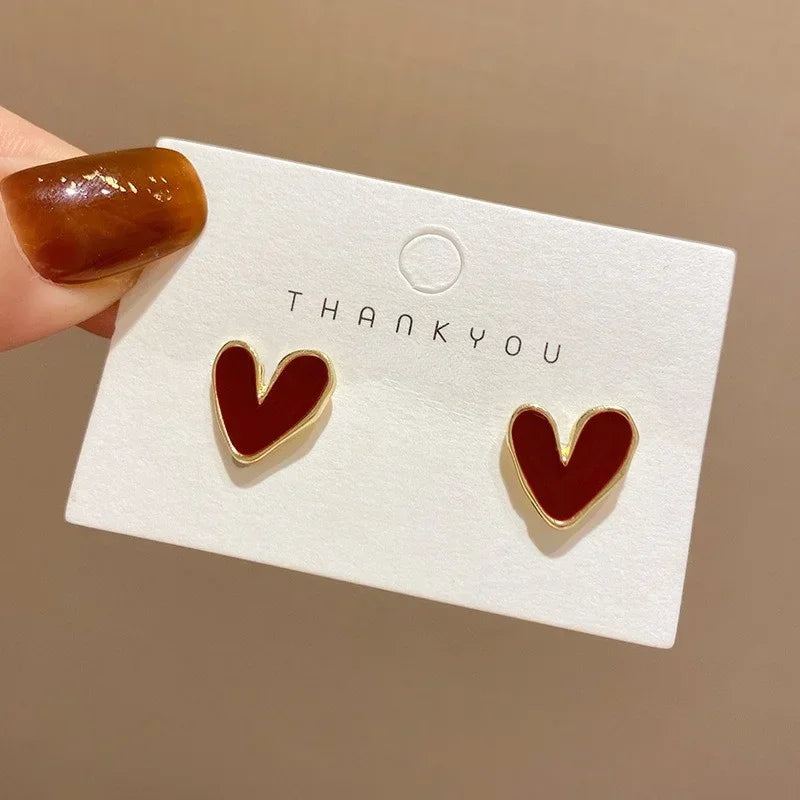 Small Heart Stud Earrings – Red & Black Simple Metal Earrings