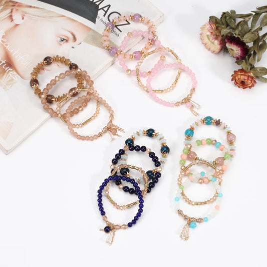 Bohemian Stackable Bead Bracelets – Multilayered Stretch Bangle Set with Charm Pendants
