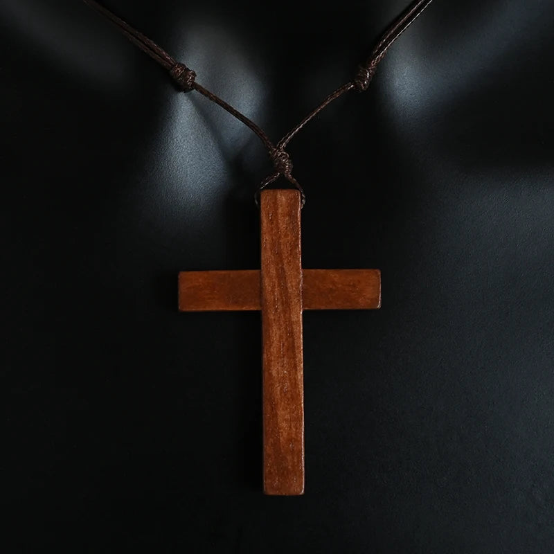 Catholic Cross Necklace | Natural Wood Jesus Christ Pendant Adjustable