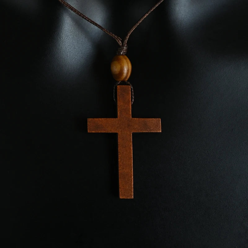 Catholic Cross Necklace | Natural Wood Jesus Christ Pendant Adjustable