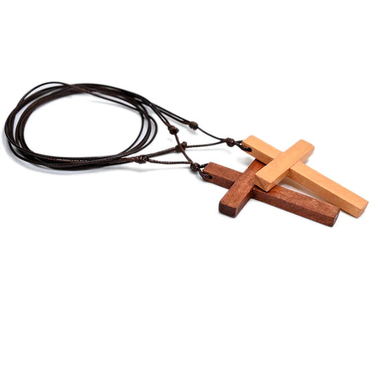 Catholic Cross Necklace | Natural Wood Jesus Christ Pendant Adjustable