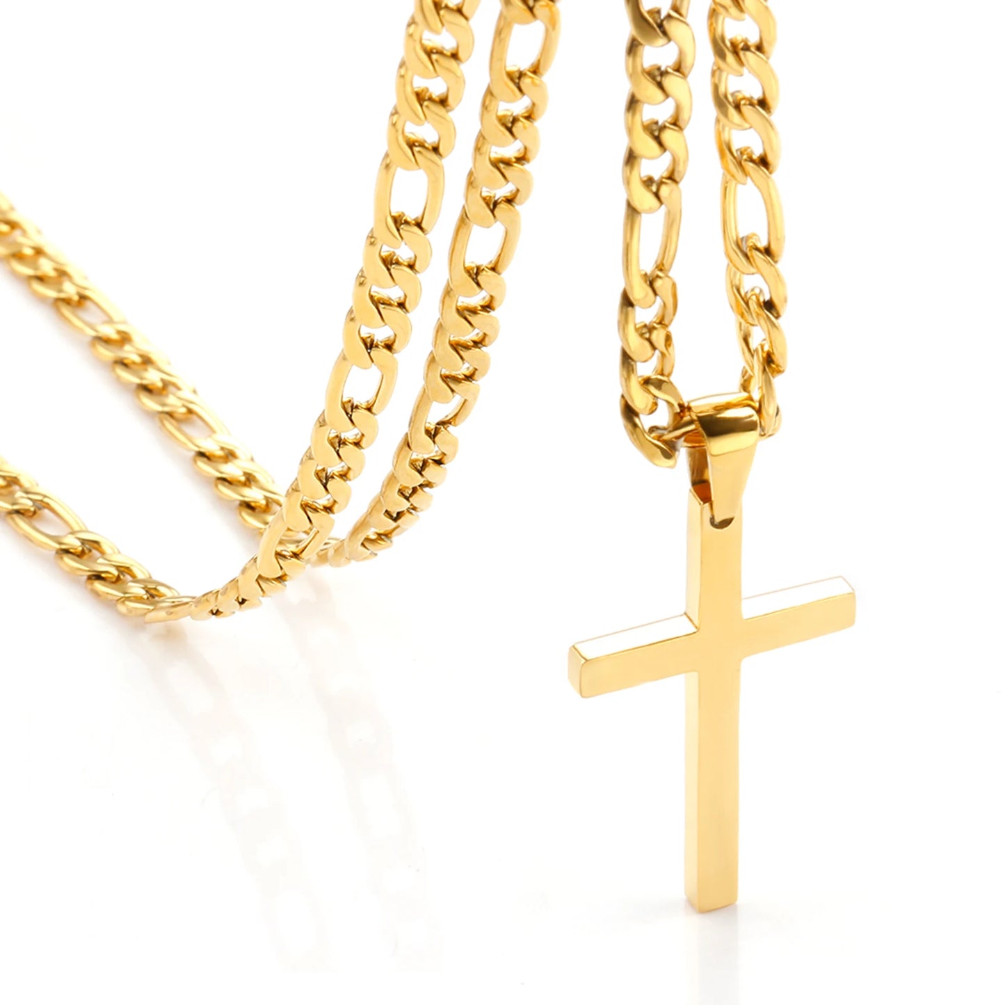 Stainless Steel Cross Necklace | Waterproof Figaro Chain Punk Jewelry
