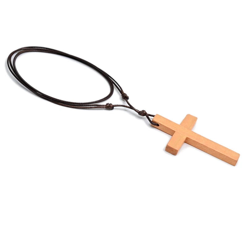 Catholic Cross Necklace | Natural Wood Jesus Christ Pendant Adjustable