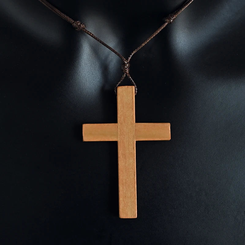 Catholic Cross Necklace | Natural Wood Jesus Christ Pendant Adjustable