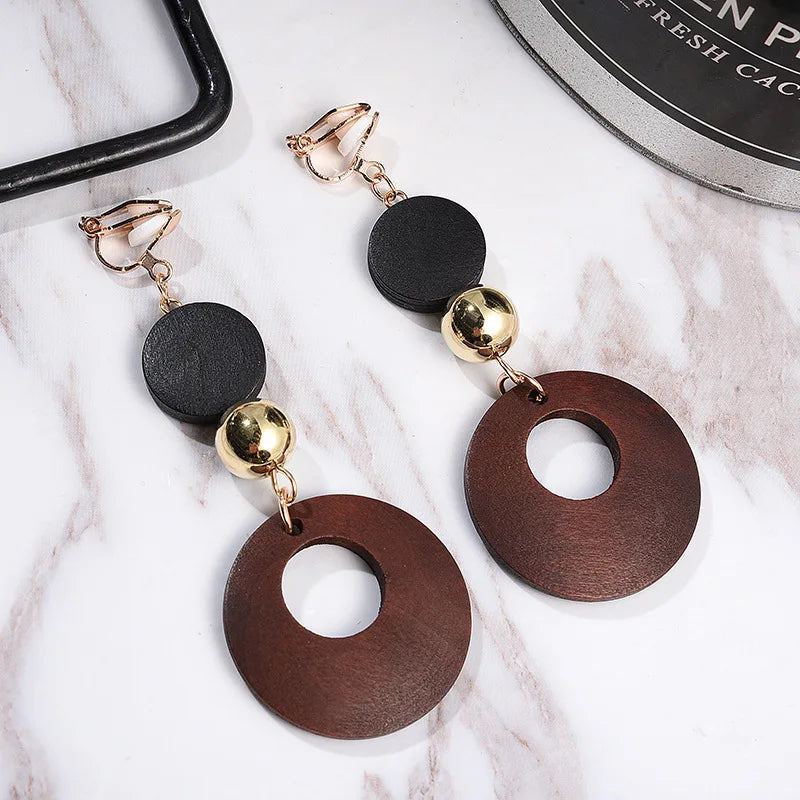 Natural Wood Clip-on Earrings for Women – Fashion Statement Geometric Korean Jewelry for Non-Pierced Ears