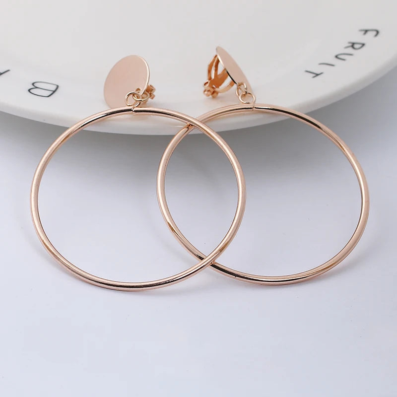 Gold & Silver Geometric Clip-On Earrings – Big Round No-Piercing Hollow Hoops