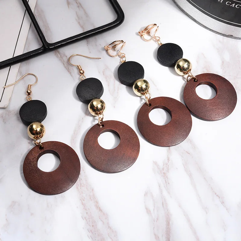 Natural Wood Clip-on Earrings for Women – Fashion Statement Geometric Korean Jewelry for Non-Pierced Ears