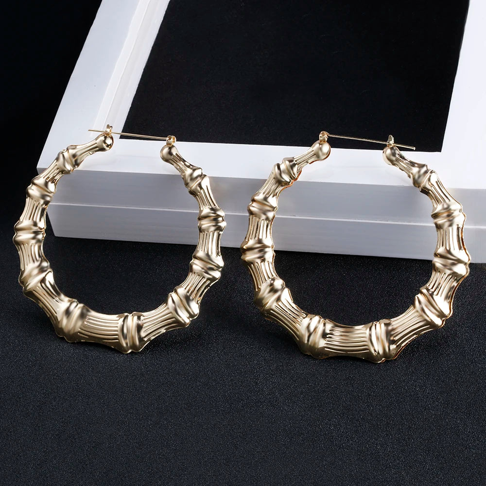 SoHot Trendy Bamboo Hoop Earrings for Women – Classic Large Round Jewelry in Gold & Silver Color
