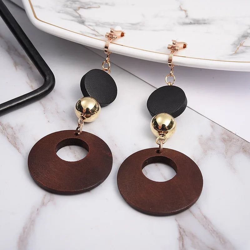 Natural Wood Clip-on Earrings for Women – Fashion Statement Geometric Korean Jewelry for Non-Pierced Ears