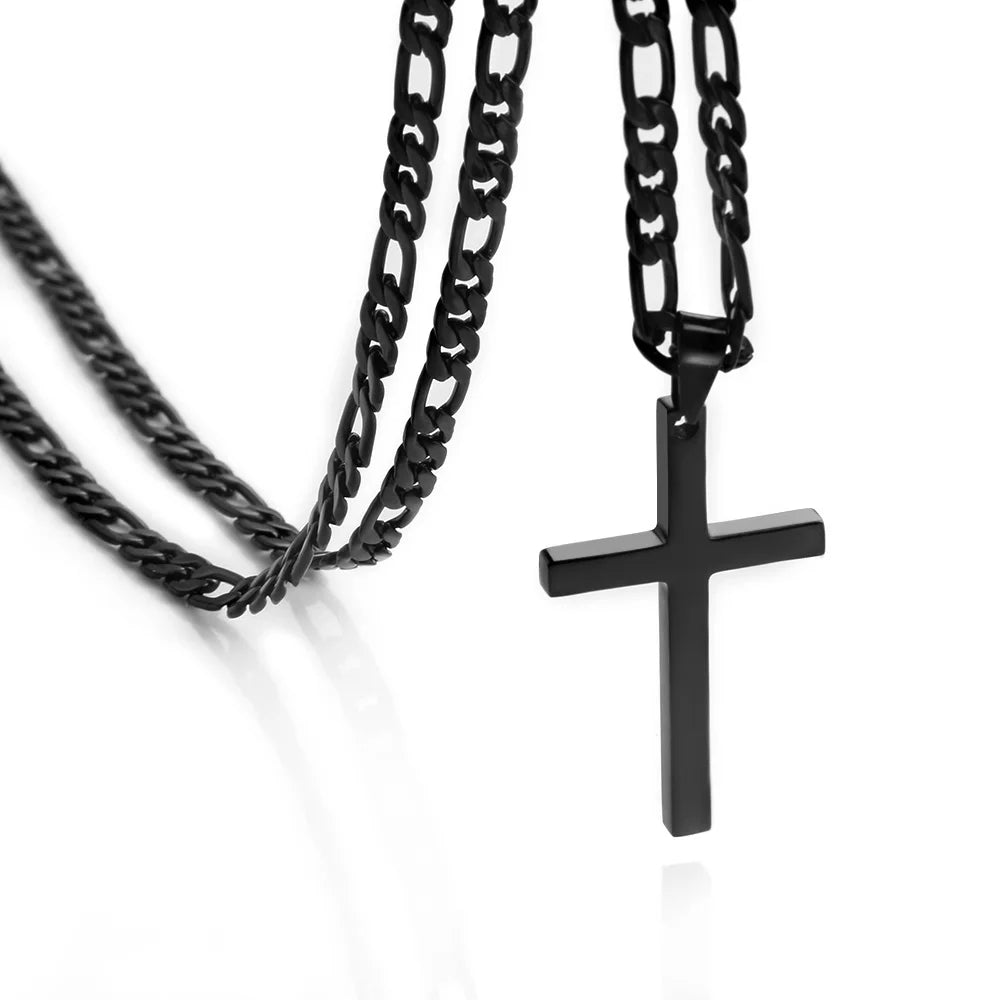 Stainless Steel Cross Necklace | Waterproof Figaro Chain Punk Jewelry