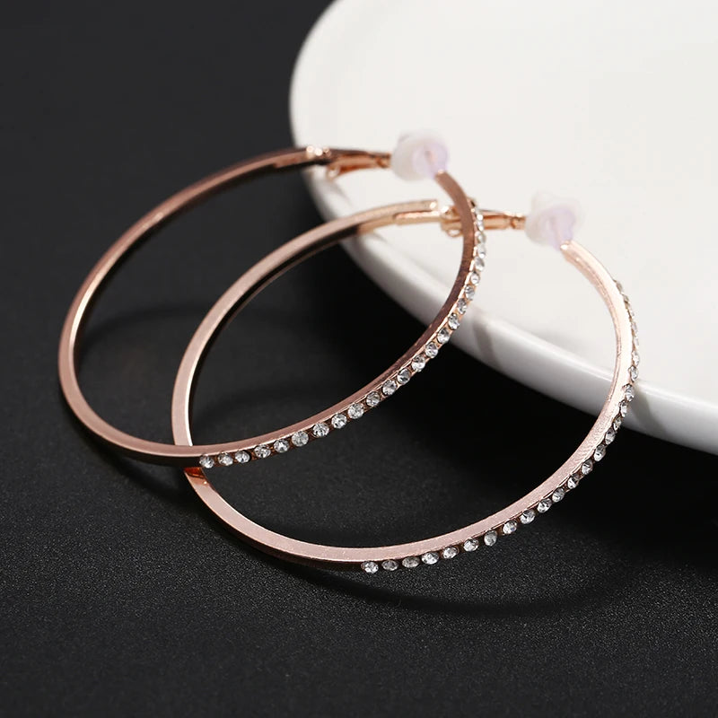 Large Rhinestone Clip Earrings | Gold Silver Circle Hoops No Piercing