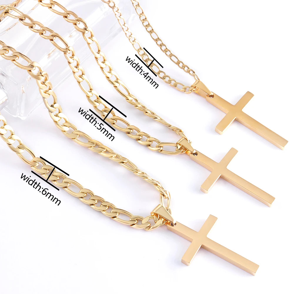 Stainless Steel Cross Necklace | Waterproof Figaro Chain Punk Jewelry