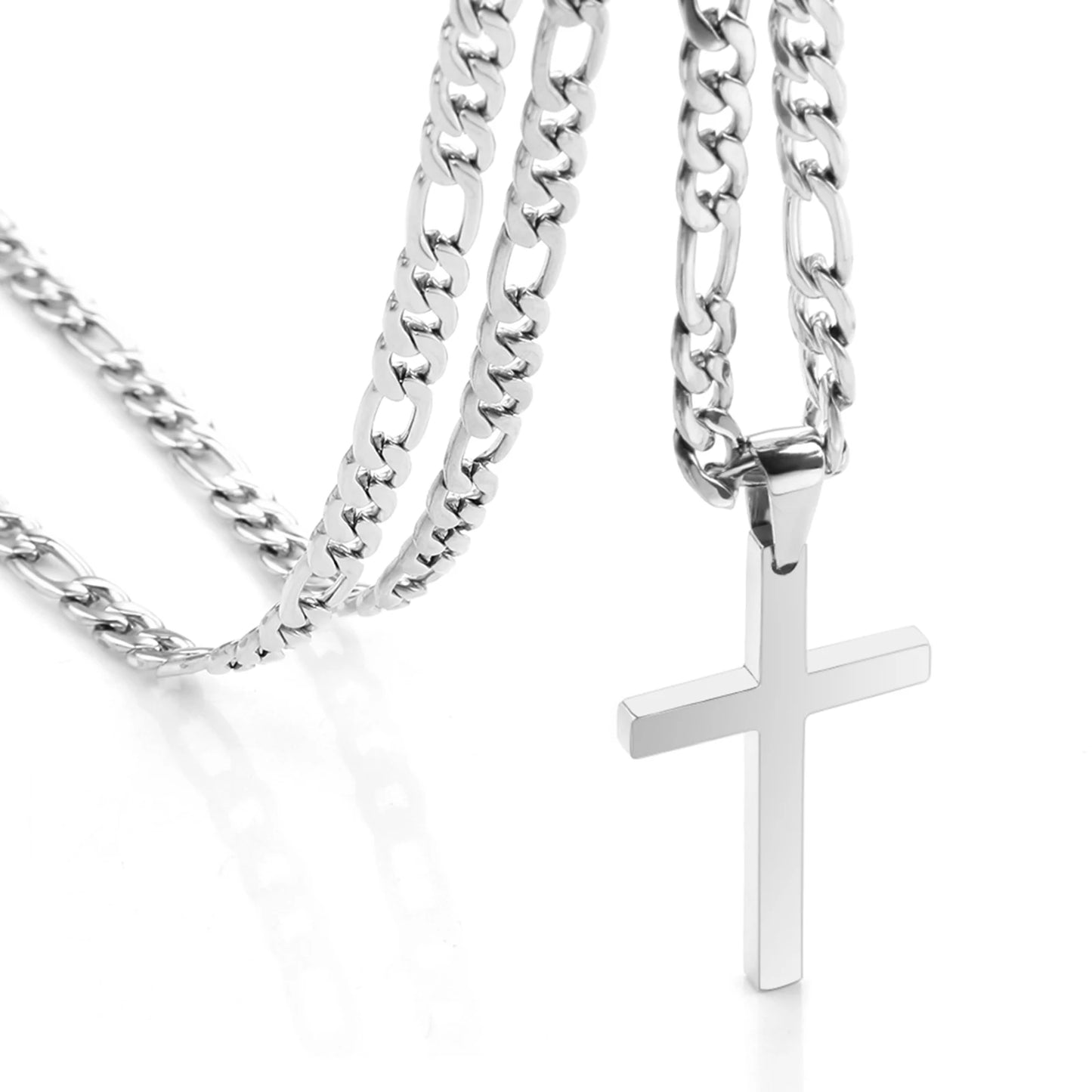 Stainless Steel Cross Necklace | Waterproof Figaro Chain Punk Jewelry