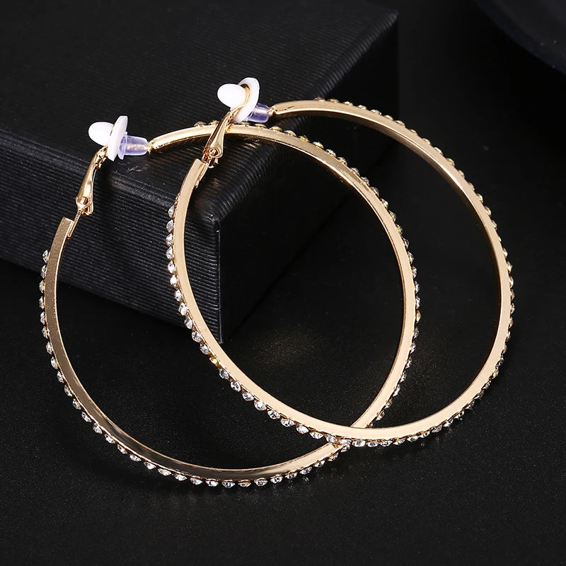 Large Rhinestone Clip Earrings | Gold Silver Circle Hoops No Piercing