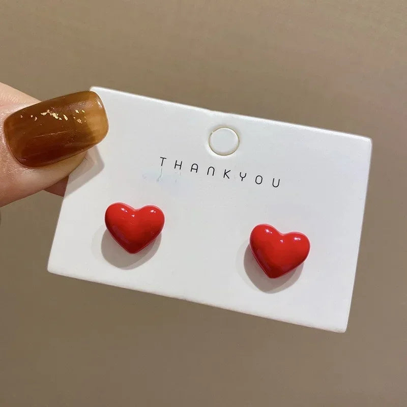 Small Heart Stud Earrings – Red & Black Simple Metal Earrings