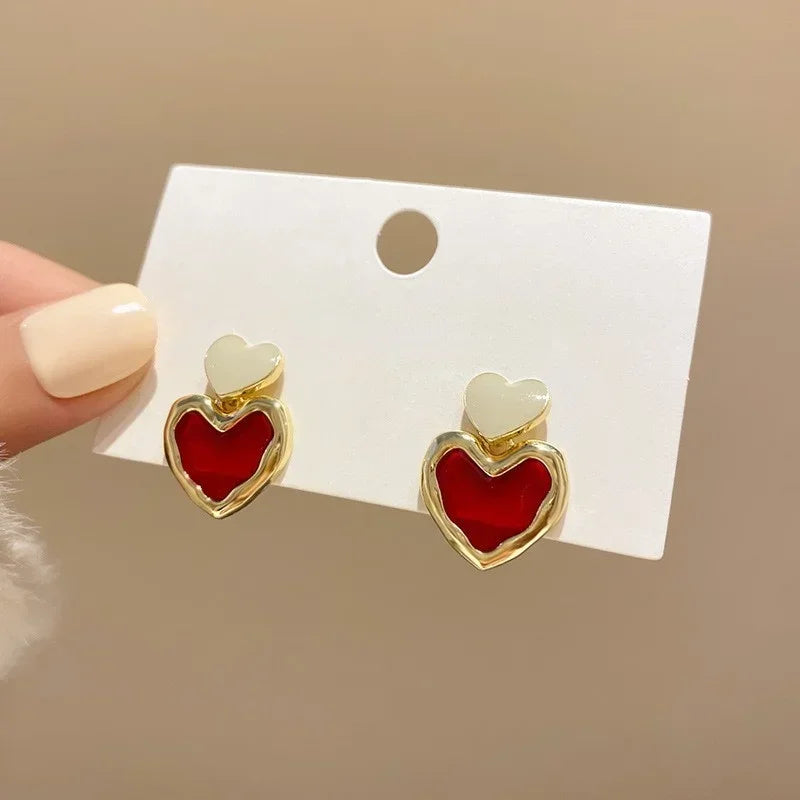 Small Heart Stud Earrings – Red & Black Simple Metal Earrings