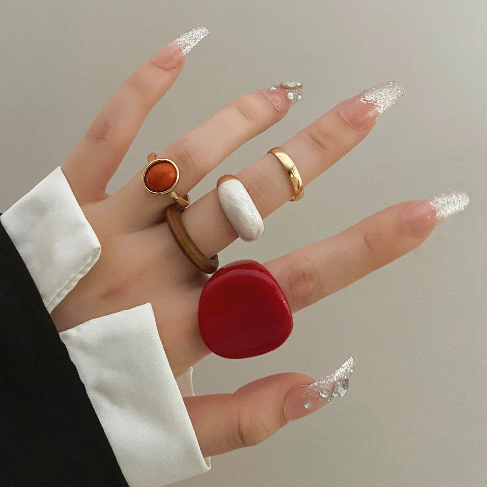 Trendy Red Resin Geometric Rings Set for Women – Exaggerated Wooden & Enamel Punk Style