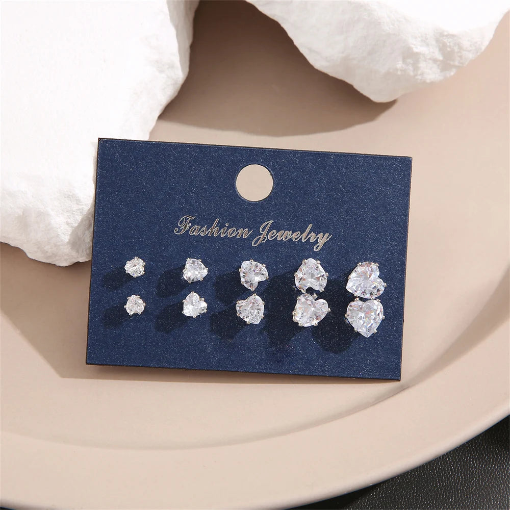 5-Pair Heart Crystal Stud Earrings Set – Shiny Wedding Jewelry