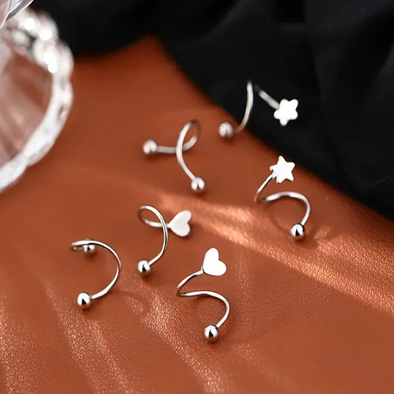 2PCS Stainless Steel Spiral Stud Earrings – Heart & Star Piercing Jewelry for Cartilage, Helix, and Lip