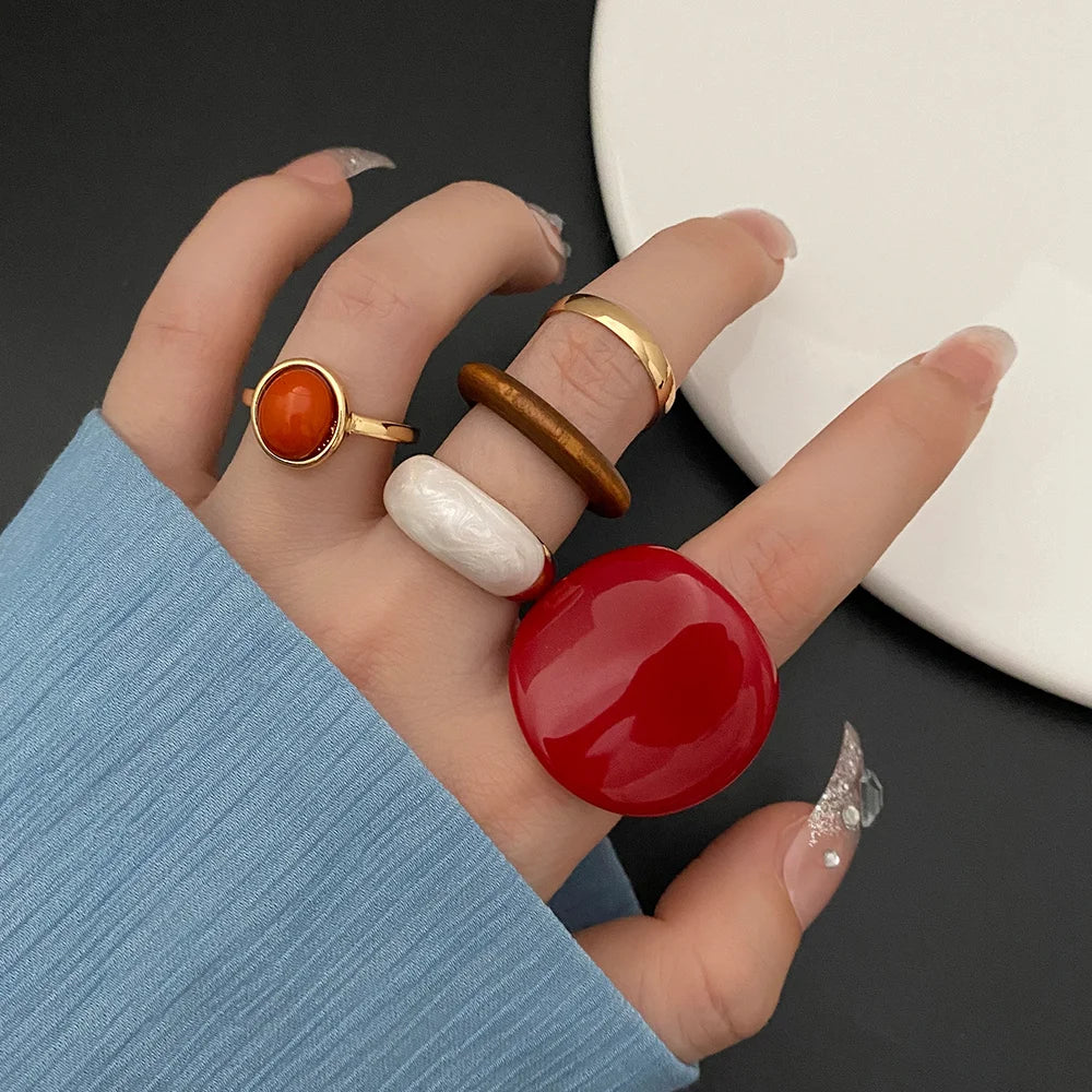 Trendy Red Resin Geometric Rings Set for Women – Exaggerated Wooden & Enamel Punk Style