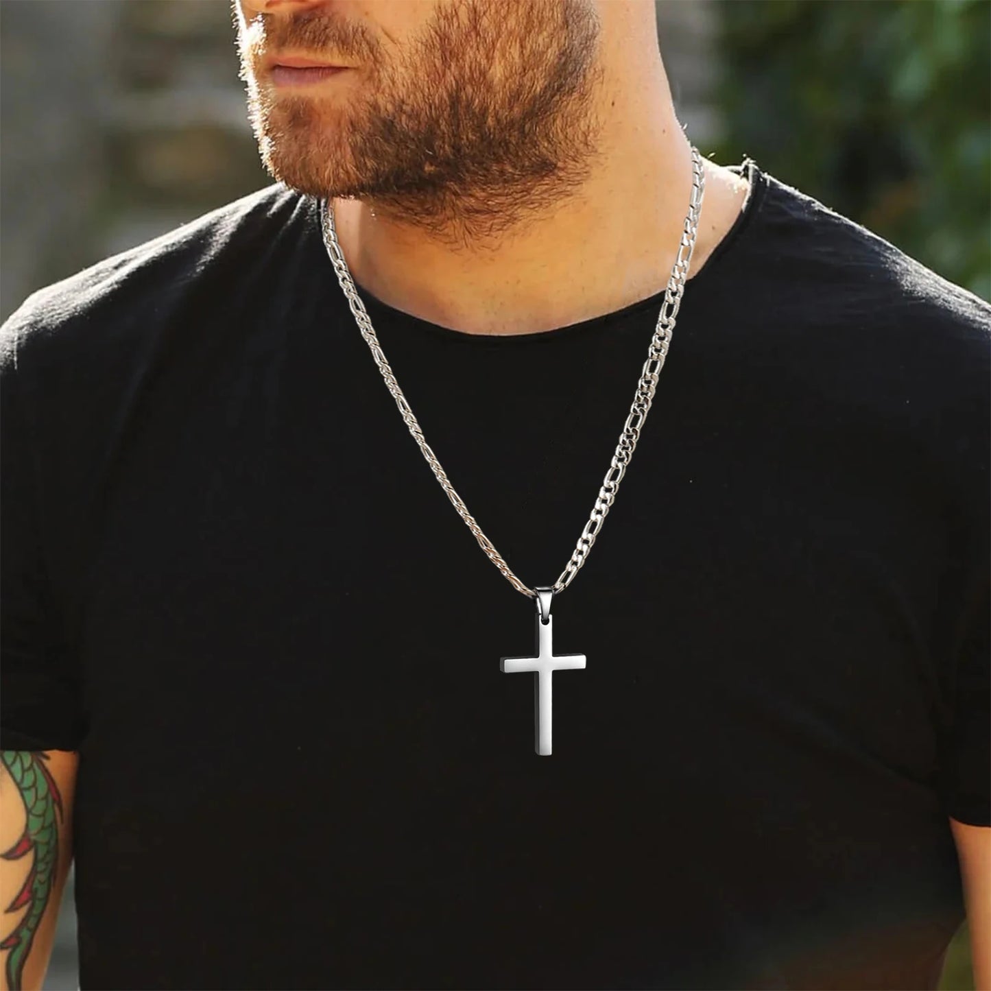Stainless Steel Cross Necklace | Waterproof Figaro Chain Punk Jewelry