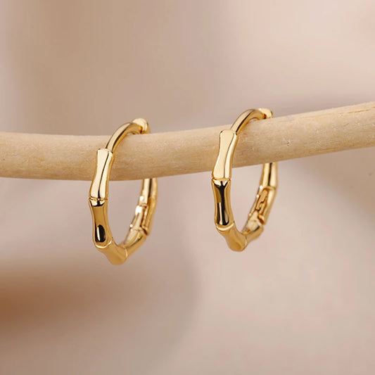 Trendy Bamboo Joint Hoop Earrings for Women – Gold Color Stainless Steel Round Earring Fashion Jewelry Gift