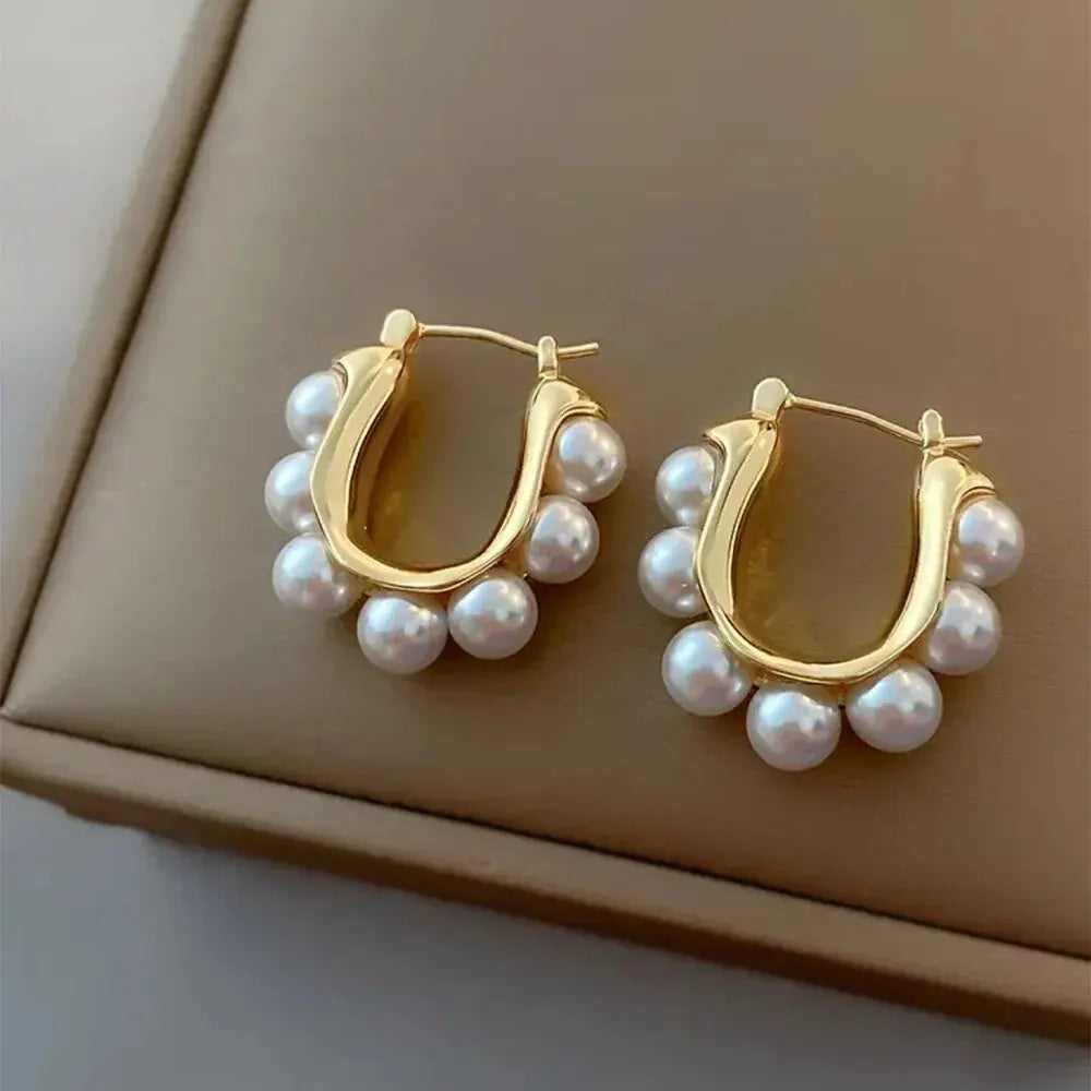 Stylish U-shaped Hoop Earrings – Elegant Gold Color Imitation Pearl Accessories for Wedding & Party Gifts