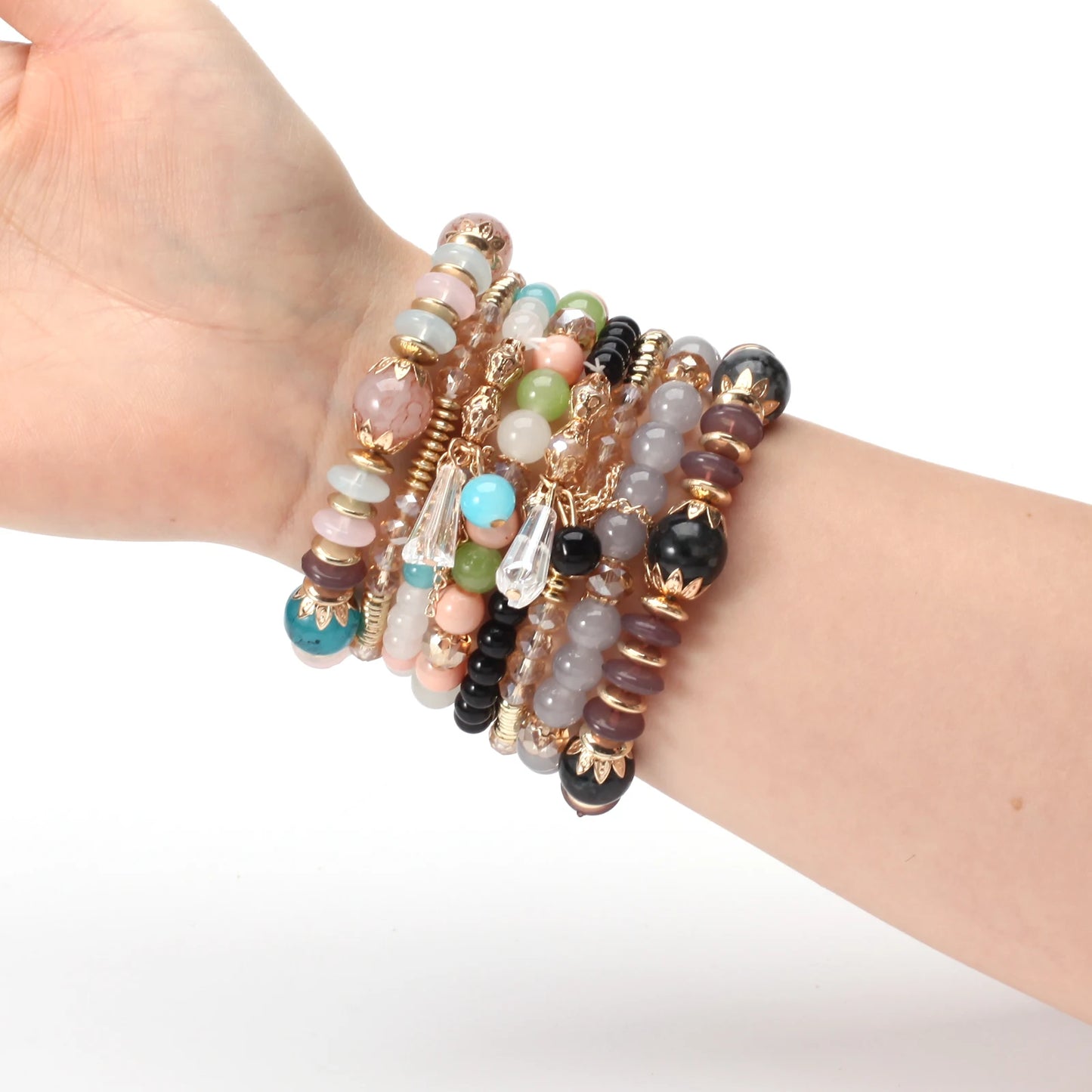 Bohemian Stackable Bead Bracelets – Multilayered Stretch Bangle Set with Charm Pendants