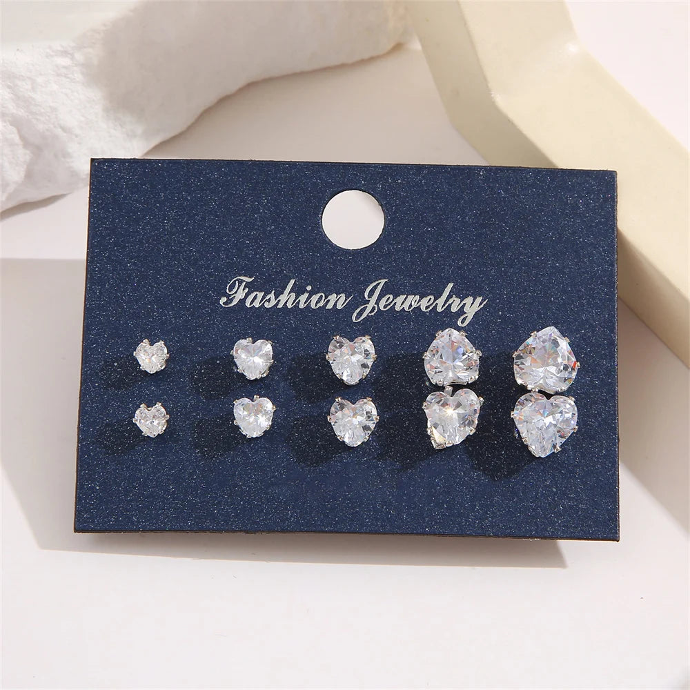 5-Pair Heart Crystal Stud Earrings Set – Shiny Wedding Jewelry