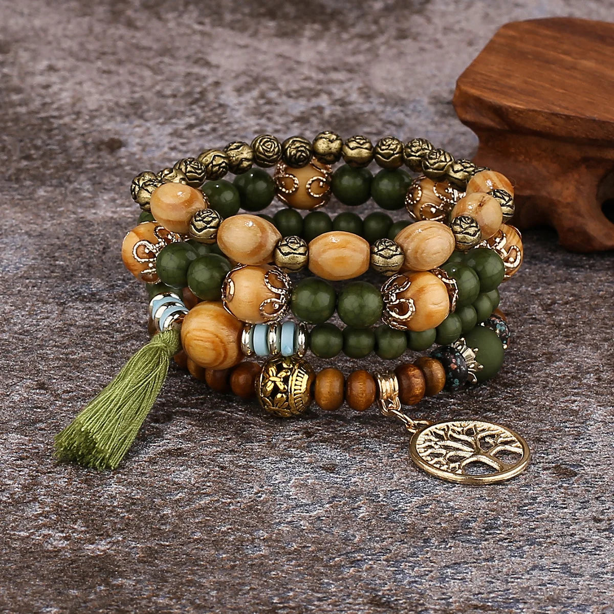 Bohemia Tree Of Life Charm Beaded Bracelet Set for Women – Handmade Wood Beads Chain Bangle