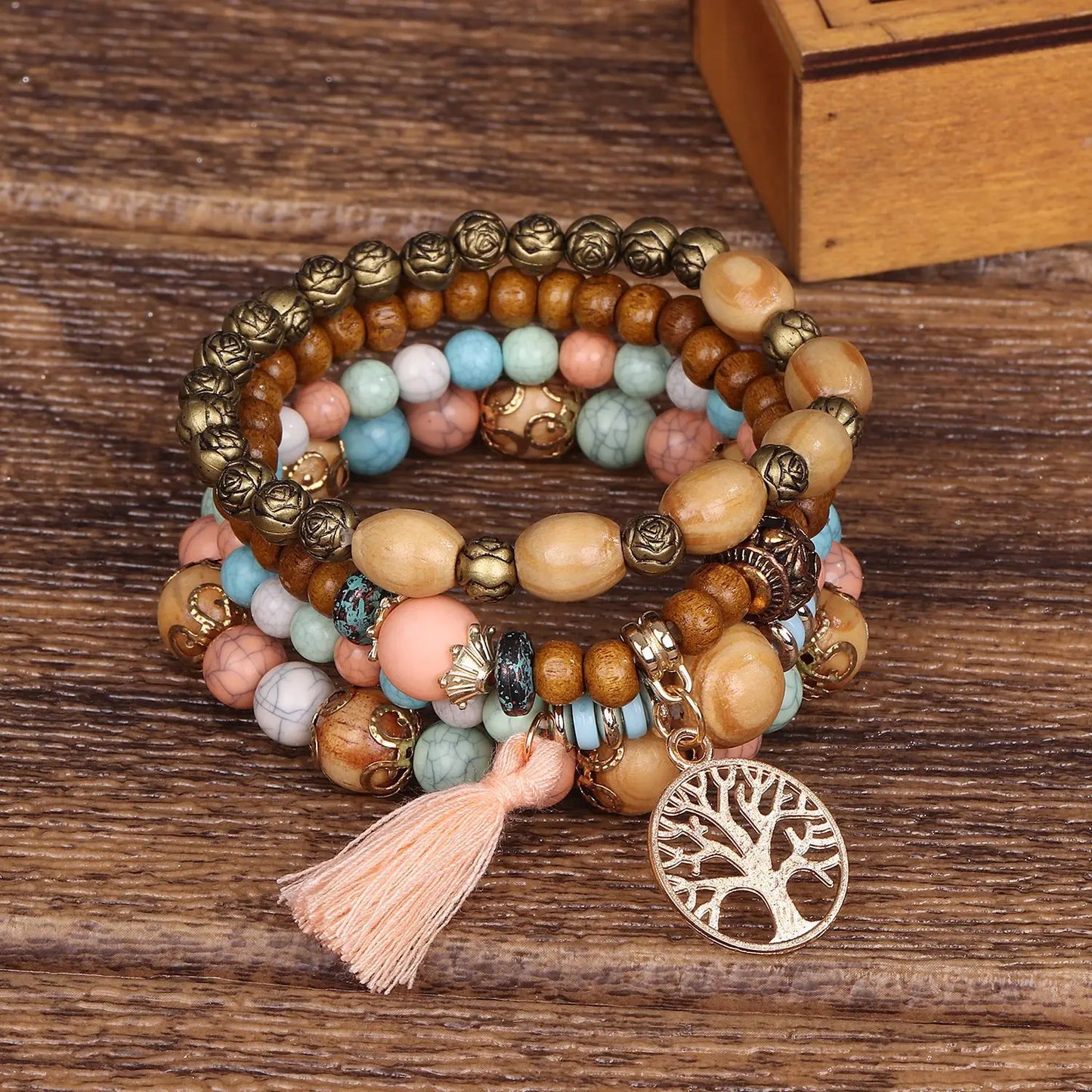 Bohemia Tree Of Life Charm Beaded Bracelet Set for Women – Handmade Wood Beads Chain Bangle