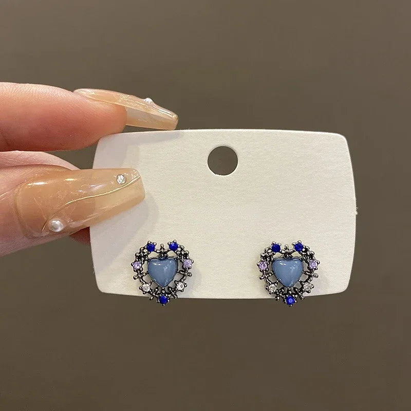 Small Heart Stud Earrings – Red & Black Simple Metal Earrings