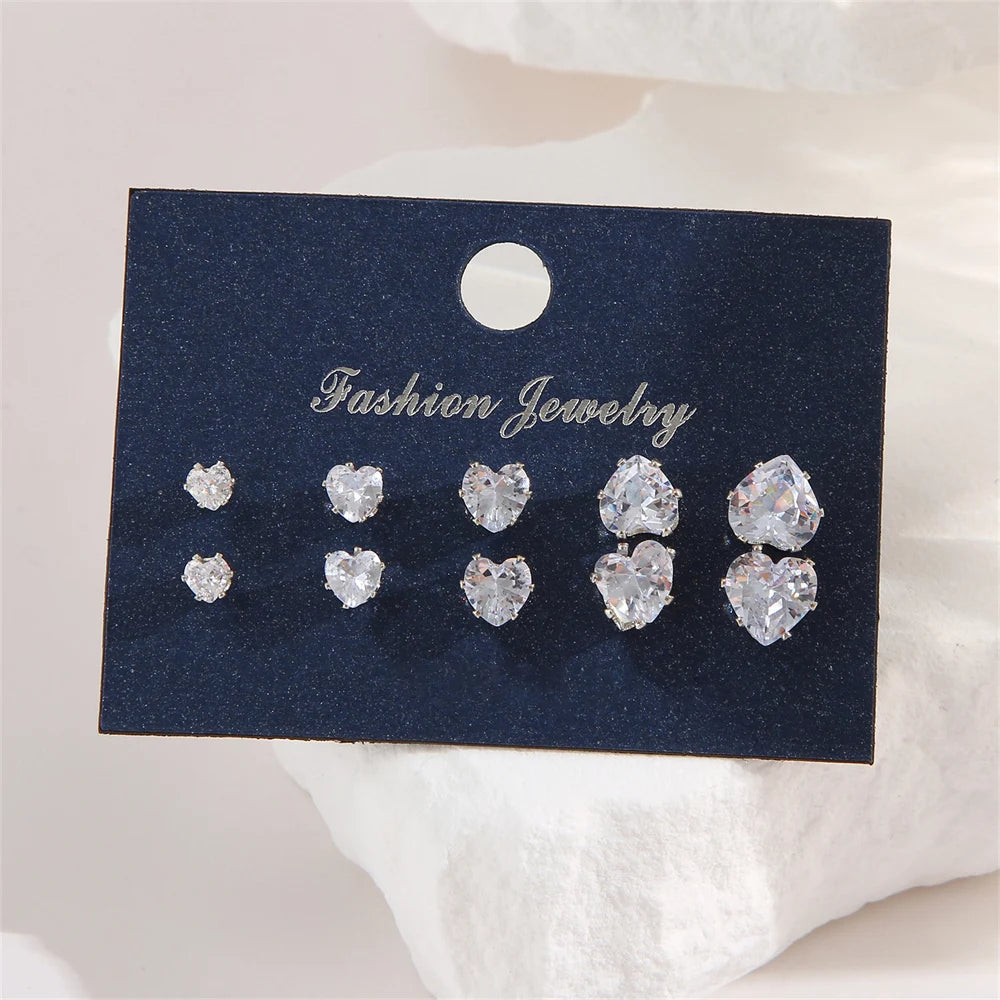 5-Pair Heart Crystal Stud Earrings Set – Shiny Wedding Jewelry