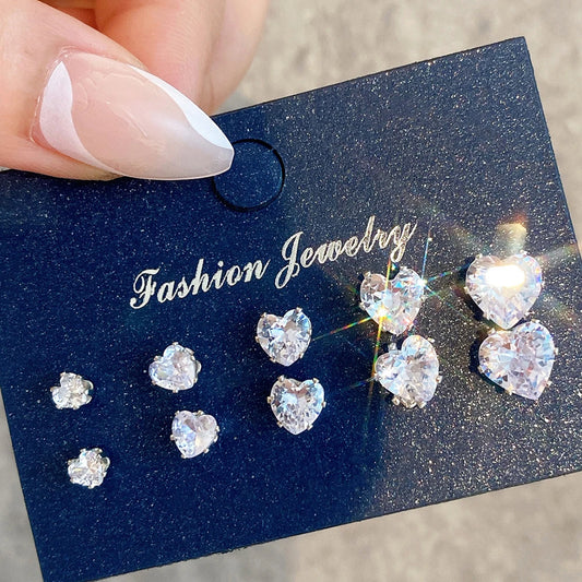 5-Pair Heart Crystal Stud Earrings Set – Shiny Wedding Jewelry