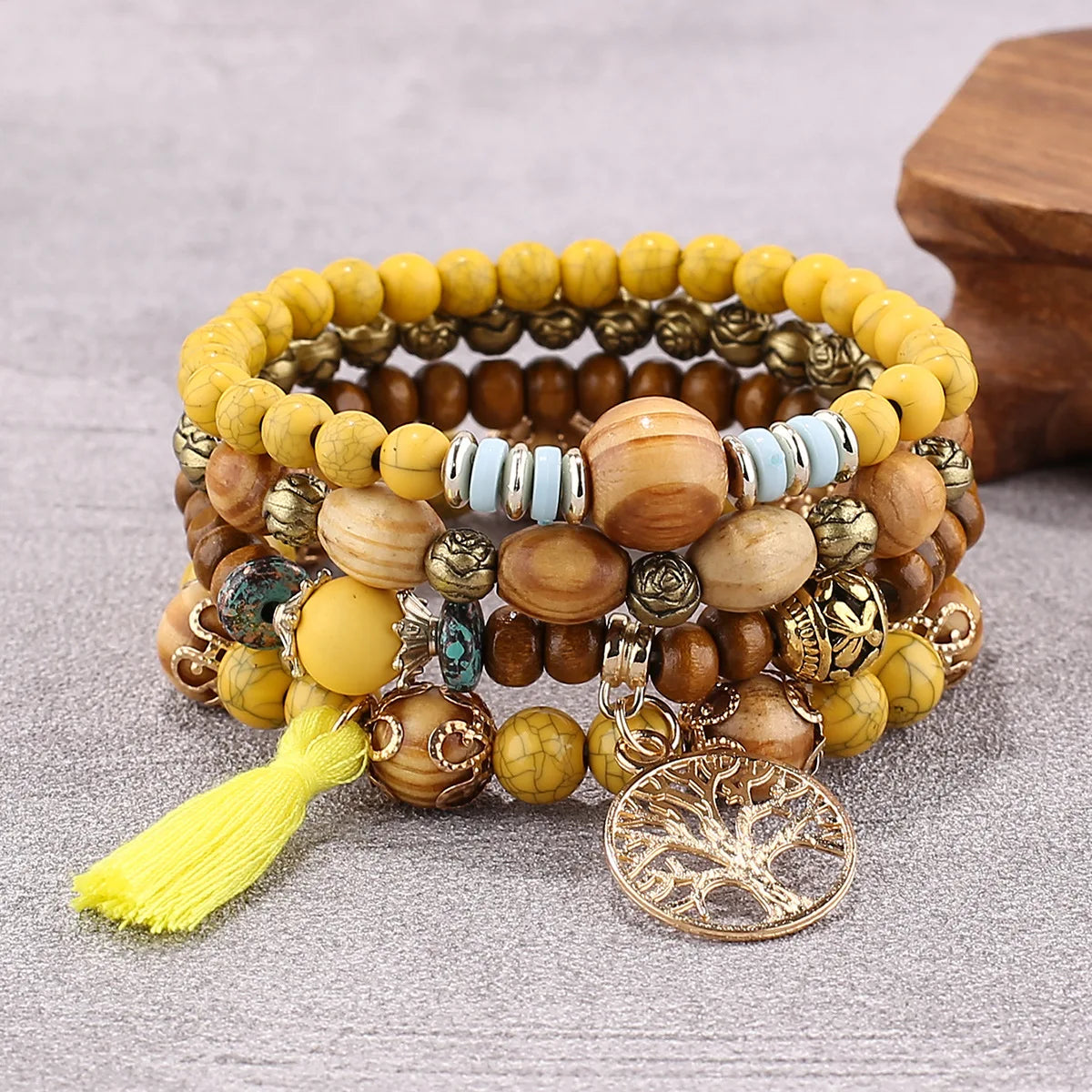Bohemia Tree Of Life Charm Beaded Bracelet Set for Women – Handmade Wood Beads Chain Bangle
