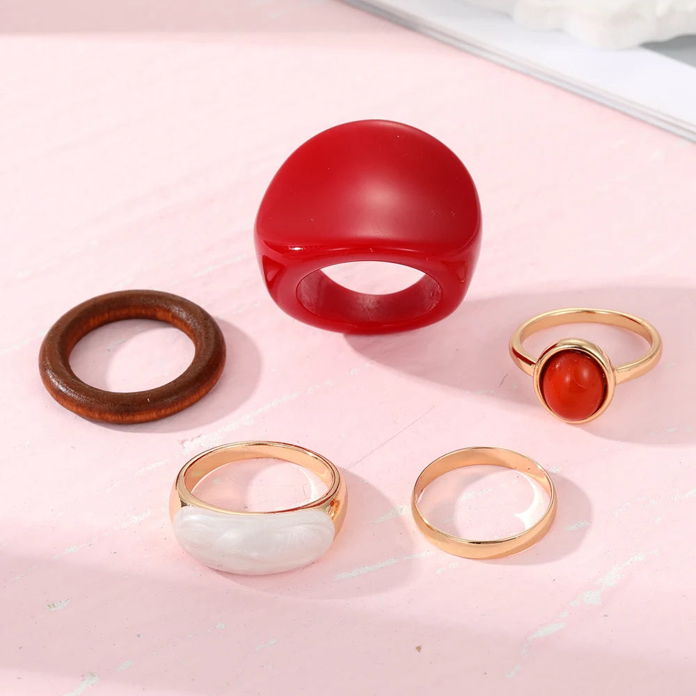 Trendy Red Resin Geometric Rings Set for Women – Exaggerated Wooden & Enamel Punk Style