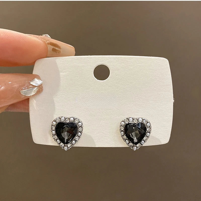 Small Heart Stud Earrings – Red & Black Simple Metal Earrings