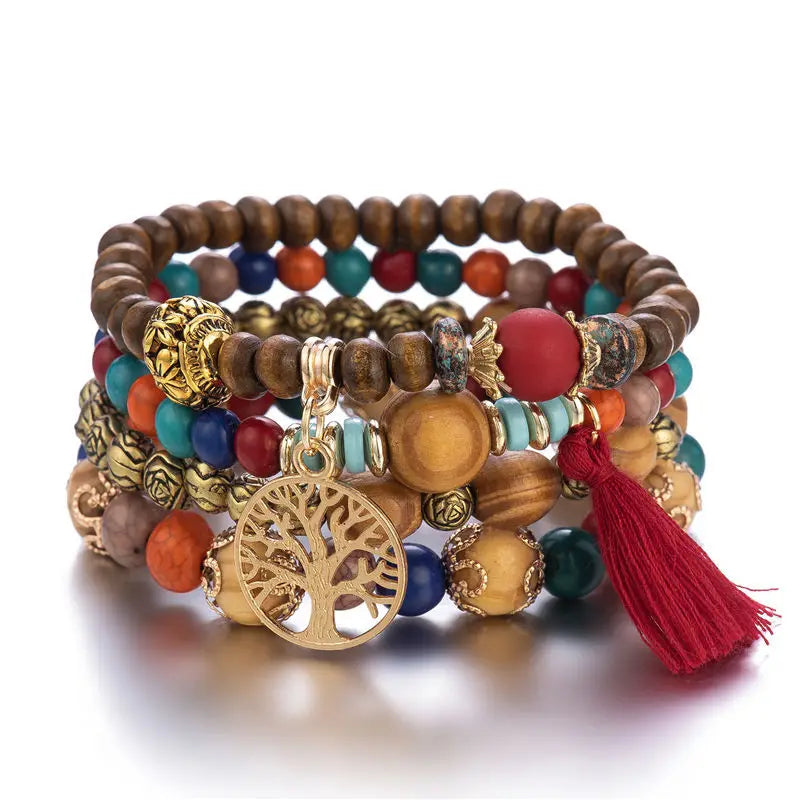 Bohemia Tree Of Life Charm Beaded Bracelet Set for Women – Handmade Wood Beads Chain Bangle