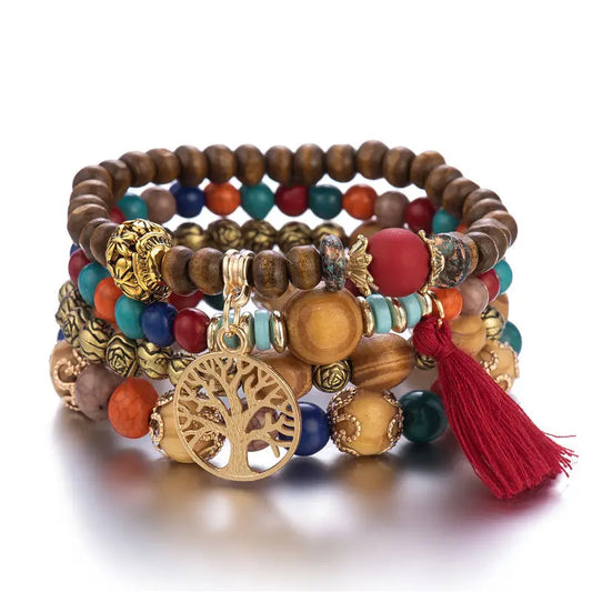 Bohemia Tree Of Life Charm Beaded Bracelet Set for Women – Handmade Wood Beads Chain Bangle