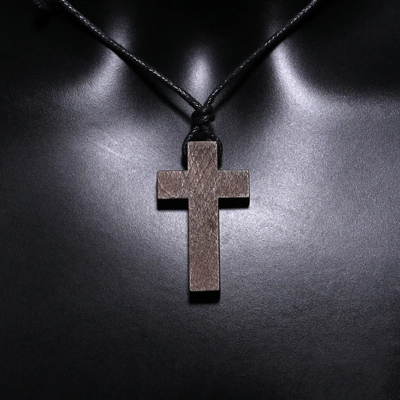 Catholic Cross Necklace | Natural Wood Jesus Christ Pendant Adjustable