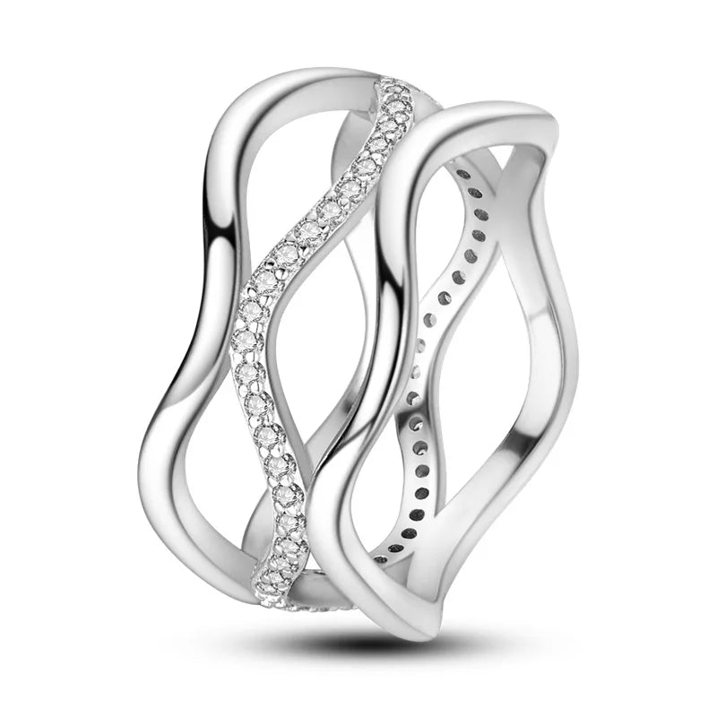 925 Silver Zircon Star Ring – Geometric Winding Line Design