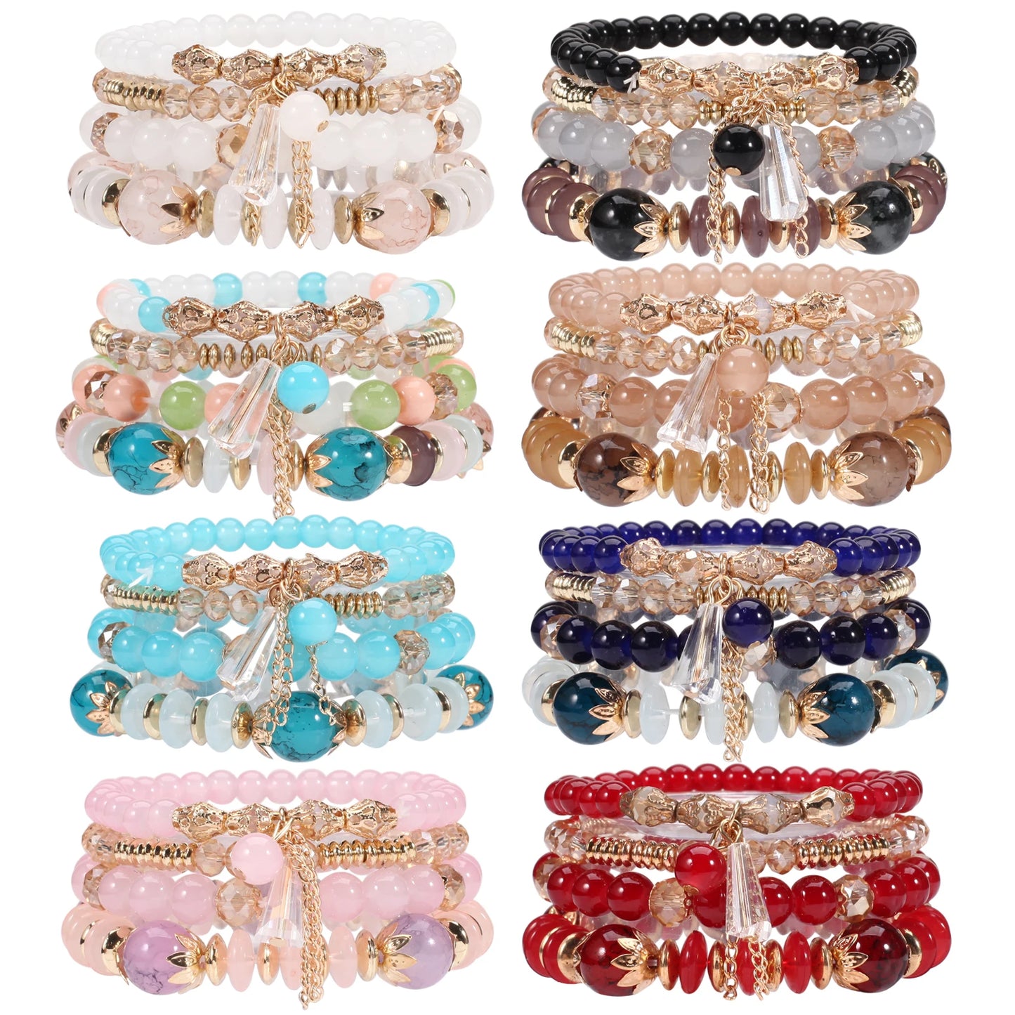 Bohemian Stackable Bead Bracelets – Multilayered Stretch Bangle Set with Charm Pendants