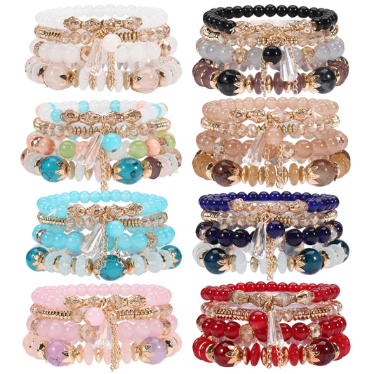 Bohemian Stackable Bead Bracelets – Multilayered Stretch Bangle Set with Charm Pendants