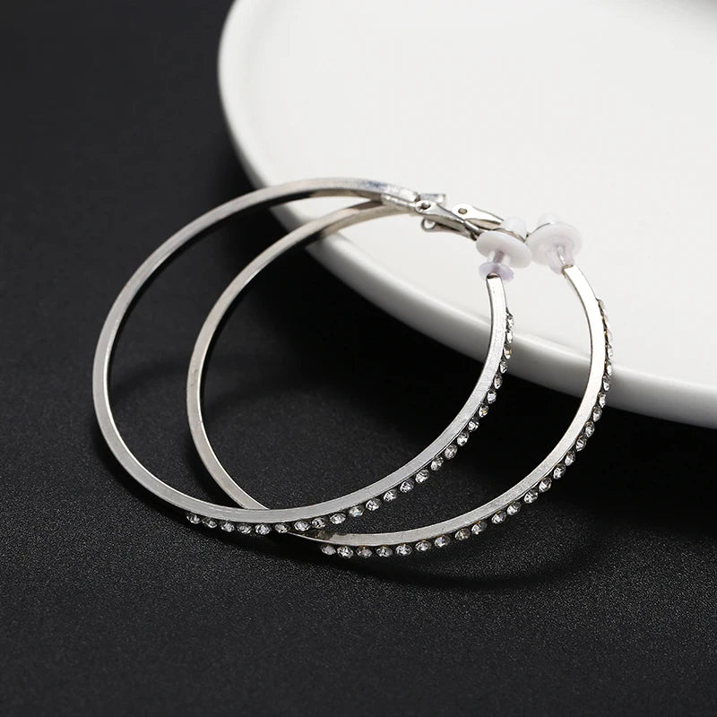 Large Rhinestone Clip Earrings | Gold Silver Circle Hoops No Piercing