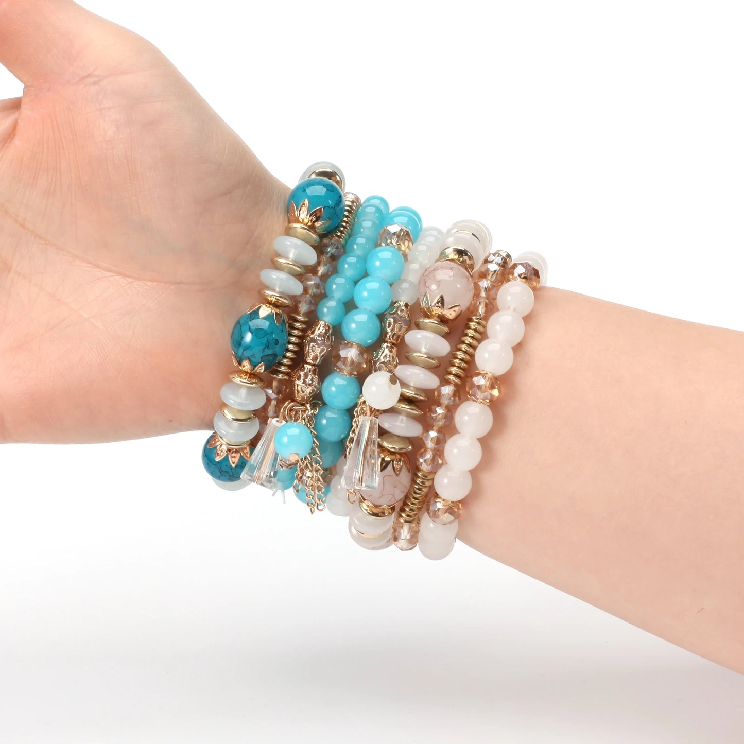 Bohemian Stackable Bead Bracelets – Multilayered Stretch Bangle Set with Charm Pendants