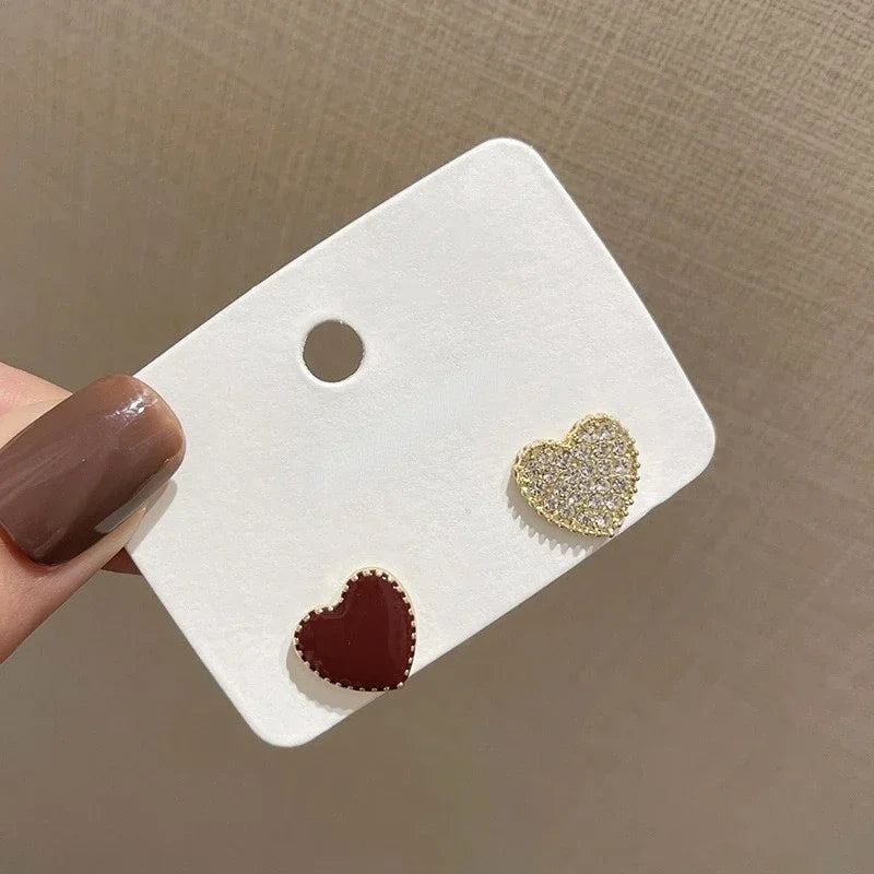 Small Heart Stud Earrings – Red & Black Simple Metal Earrings
